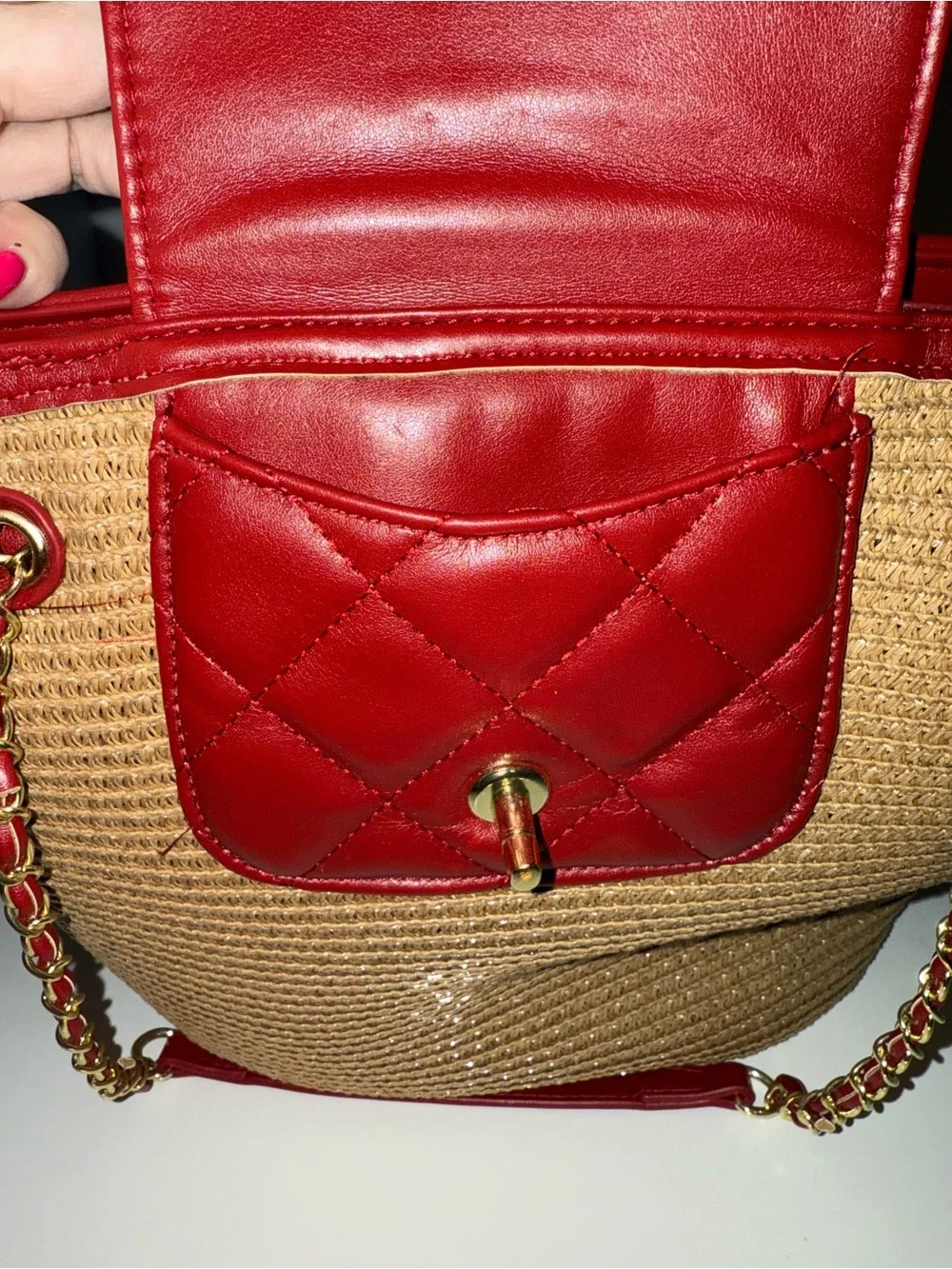 Raffia Tote with Red Trim and Chain Handles